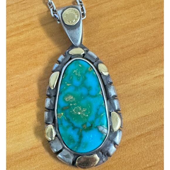 18k Gold & Sterling Silver Necklace Pendant Huge High Grade Kingman Turquoise - Picture 1 of 8